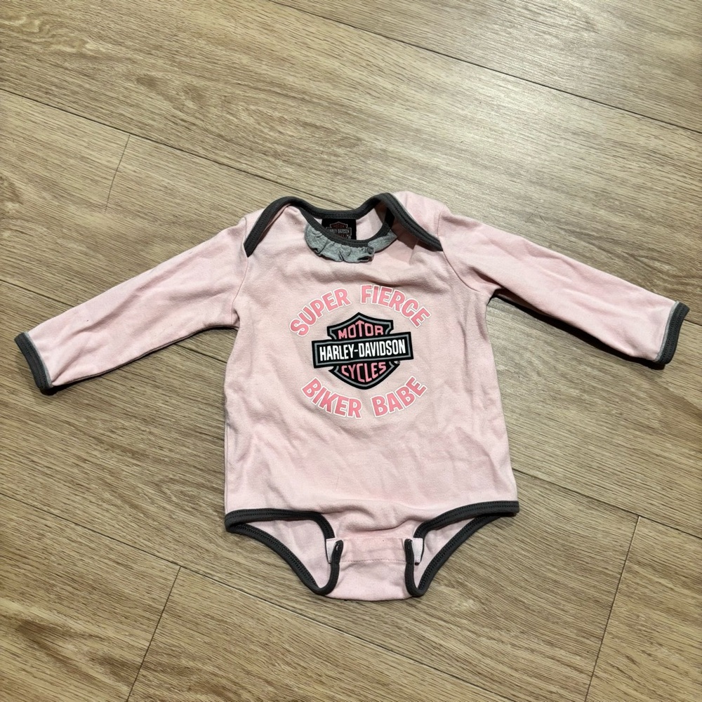 Harley-Davidson Pink Long-Sleeve Baby One-Piece with Dark Trim